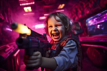 Happy child playing laser battle game