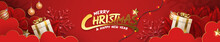 Merry Christmas Holidays On Red Background. Festive Christmas Composition Top View Of Gift Boxes, Clouds, Red Tree Branches. Imaginative Banner Vector Illustration Perfect For The Web.
