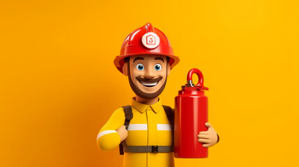 copy space, 3d render. Cartoon character caucasian fire man holding a fire extinguisher wears helmet and protective clothing. clip art isolated on yellow background. fire prevention