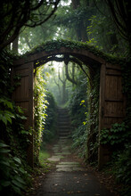 A Path Leading Through A Lush Green Forest With A Wooden Gate Leading To A Set Of Steps That Lead Up To The Top Of The Stairs.