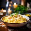 A bowl of creamy pasta, garnished with grated parmesan cheese, photographed with a creamy bokeh effect Generative AI