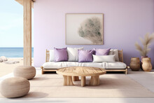 A Cozy Beach-inspired Living Room With Minimalistic Pastel Purple Furniture, A Loveseat, Plush Cushions, And An Indoor Vase, Creating A Warm And Inviting Atmosphere