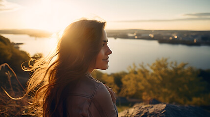 Wall Mural - Young beautiful woman with long hair looking at peaceful sunset over river, city in distance