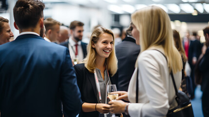 Wall Mural - delegates networking at conference drinks reception, group of business people talking at networking 