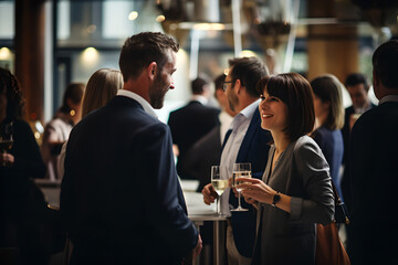 Wall Mural - delegates networking at conference drinks reception, group of business people talking at networking 