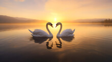 2 Majestic White Swans Facing Each Other Shaping A Heart As Swimming In The Glassy Waters At The Lake In Front Of A Stunning Orange Sunset
