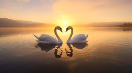 2 Majestic white swans facing each other shaping a heart as swimming in the glassy waters at the lake in front of a stunning orange sunset