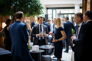 Delegates networking at conference drinks reception, group of business people talking at networking event sharing and discussing new innovation at business conference