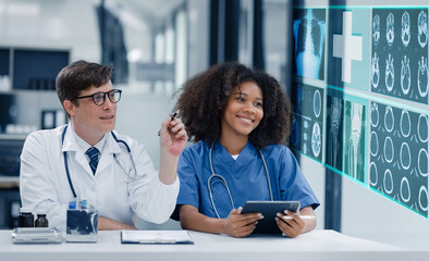 Wall Mural - Doctor working on laptop computer with human's x-ray and medical medical network connection icons, Medical and Healthcare hospital service concept.
