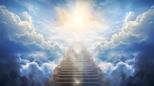 Celestial Stairway Leading Up To Heavenly Sky Toward The Light. Staircase In Clouds With Glowing Doorway To Heaven. Concept Of Enlightenment And Spirituality.