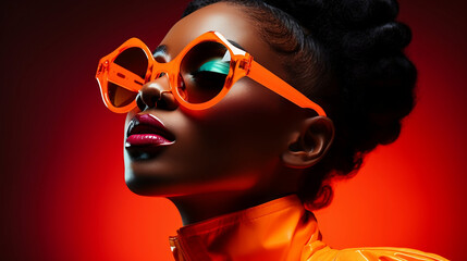 Poster - High fashion studio portrait of young african american woman with orange sunglasses, beautiful makeup, luxury style, copy space