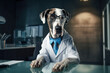 Great Dane Dog Dressed As A Scientist At Work. Сoncept , Cute Dogs In Costumes, The Intersection Of Science And Fashion, The Great Dane Breed, Humor At The Office