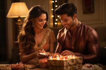 Happy indian couple with gift box