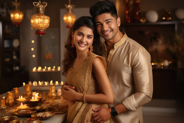 Poster - Young indian couple in traditional wear and celebrating diwali festival.