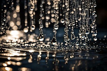 Wall Mural - A closeup of a waterfall in mid-drop captures the exquisite ballet of water droplets suspended in the air. The sunlight catches each droplet, creating a sparkling cascade of liquid jewels.  