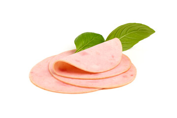 Wall Mural - Cooked ham slices, isolated on a white background.