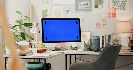 Aufkleber - Office, monitor and computer with green screen, mockup and desktop placeholder for website design information. Pc desk, chromakey and space for media promo, branding or logo in creative workplace.