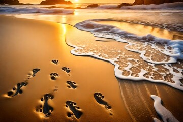 On a golden sandy beach, closeup footprints are gently erased by the incoming tide. The foamy embrace of the waves adds an element of movement and life to this tranquil coastal panorama.  