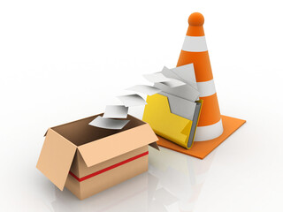 Poster - 3d rendering folder with traffic cone near card box
