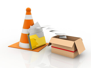 Poster - 3d rendering folder with traffic cone near card box
