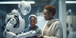 © iuricazac - An Afro senior woman collaborates with a robot in a futuristic office setting. Generative AI