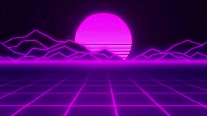 Poster - Universe Retro Futuristic 80's Background 4K. Synthwave wireframe net video loop. Abstract digital background. 80s, 90s Retro futurism, Retro wave cyber grid. Deep space surfaces. Pixel retro sunset. 