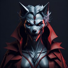 Illustration Of A Wolf Woman In Red And White Clothes. Handsome Predator. Character Design For The Game And Various Design Projects. Image Generated By Artificial Intelligence. Generative AI.