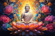 Glowing Golden Buddha And 3d Multicolored Flowers And Lotuses Background