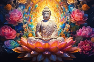 glowing golden buddha and 3d multicolored flowers and lotuses background