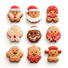 Set Sheet Of Cute 3d Ginger Bread Cookies For Christmas. Holiday Themed Sweet Buscuits On White Background