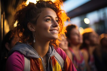 A woman with curly hair smiling and looking up. Imaginary illustration. LGBTQ+ pride event outdoors.