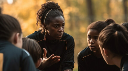 Senior afro woman coach teaches the youth football fundamentals. Generative AI