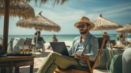 a man sitting in a chair on a beach using a laptop. bleisure or workation, person working remotely.