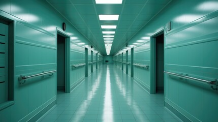 Wall Mural - A long hallway with green walls and white tile flooring. Fictional image.