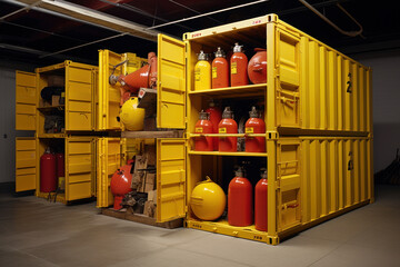 LPG gas cylinders transported for distribution in big yellow container. LPG gas used for domestic cooking