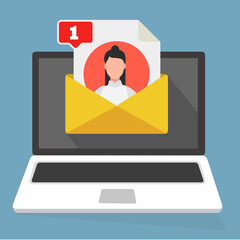 Poster - Laptop con busta e documento messaggio allerta 1 uomo donna avatar icona persona con contratto o modulo iscrizione sullo schermo. posta elettronica. Illustrazione piatta - illustrazioni