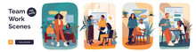 Business Teamwork Illustrations. Collection Of Scenes With Men And Women Taking Part In Business Activities. Trendy Style