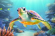 Cartoon image of a sea turtle, underwater world natural background.