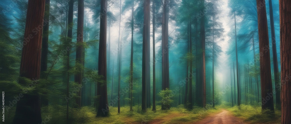 Foggy forest with lots of tall trees, thick greenery and a path in the ...