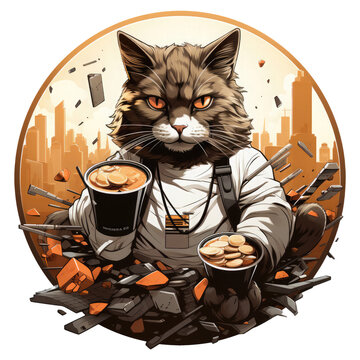 A dynamic coffee cat t-shirt design showcasing a cat with superhero attire, soaring through a cityscape made of coffee cups and saucers, Generative Ai