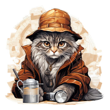 An adventurous coffee cat t-shirt design presenting a cat as a coffee explorer, wearing a hat and holding a magnifying glass, Generative Ai