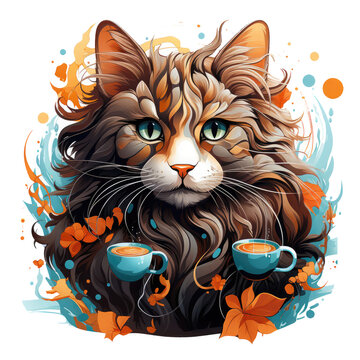 A bold coffee cat t-shirt design featuring a cat with vibrant, psychedelic fur patterns, Generative Ai