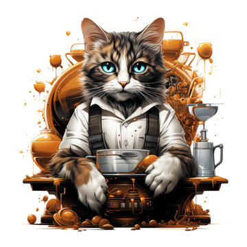A sophisticated coffee cat t-shirt design capturing the elegance of a cat lounging on a vintage coffee grinder, Generative Ai