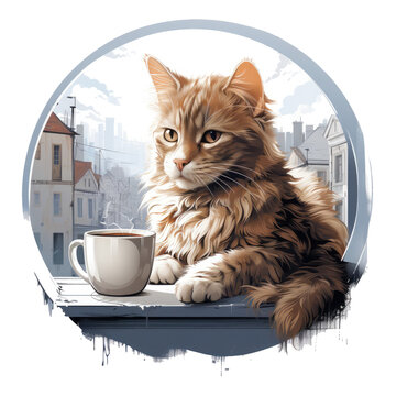 A heartwarming coffee cat t-shirt design portraying a cozy scene of a cat curled up next to a steaming mug of coffee on a window sill, Generative Ai