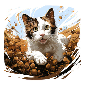 A lively coffee cat t-shirt design capturing a dynamic scene of a cat playfully leaping through a field of oversized coffee beans, Generative Ai
