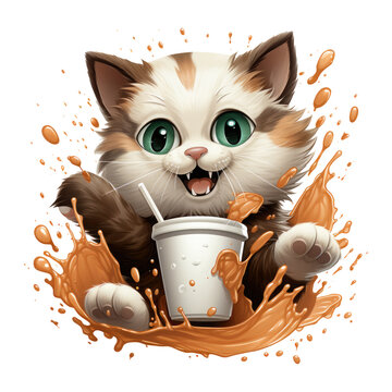 An adorable coffee cat t-shirt design showcasing a mischievous cat reaching out to swipe a coffee bean, Generative Ai