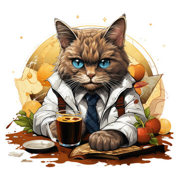 A classic coffee cat t-shirt design showcasing a cat as a detective, Generative Ai