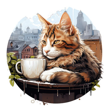 A serene coffee cat t-shirt design capturing a cat peacefully curled up on a windowsill, Generative Ai