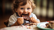 Cute Little Boy Eating Chocolate Cake At Home. Selective Focus.