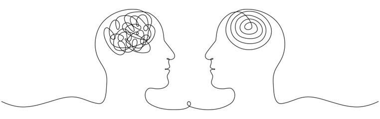 Poster - Two human heads with chaos and order thoughts continuous line drawn. Mental health therapy concept. Vector illustration isolated on white.